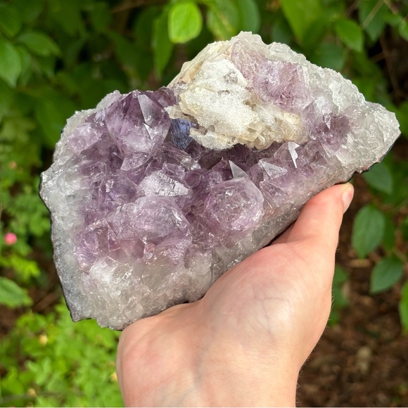 Calcite on Large Amethyst Cluster with Goethite inclusions and phantoms - Picture 6 of 10